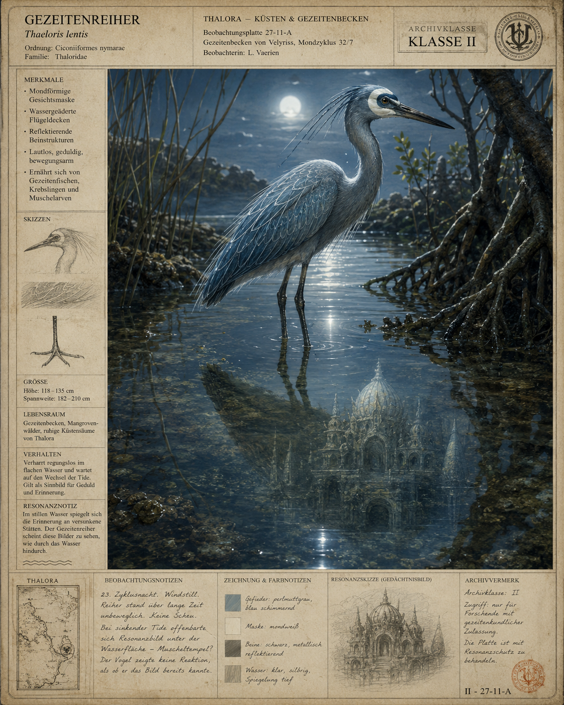 Gezeitenreiher in mondbeschienenem Sumpfwasser