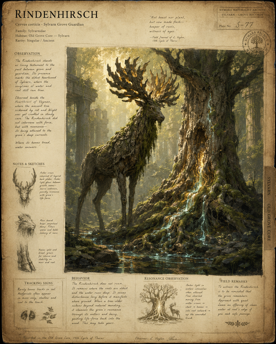 Rindenhirsch in einem alten Wald von Sylvarn