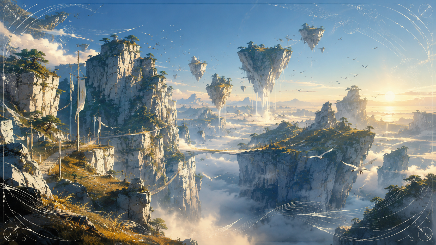 Aeralis mit Klippen, Himmelsinseln und Nebelbruecken
