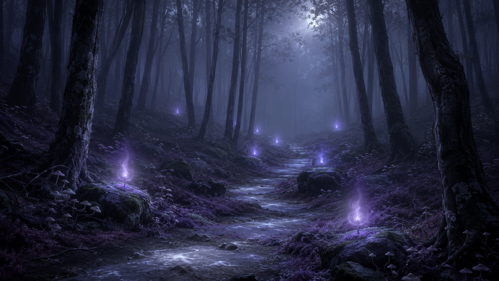 Ein Nebelpfad mit violetten Ahnenlichtern in Velune