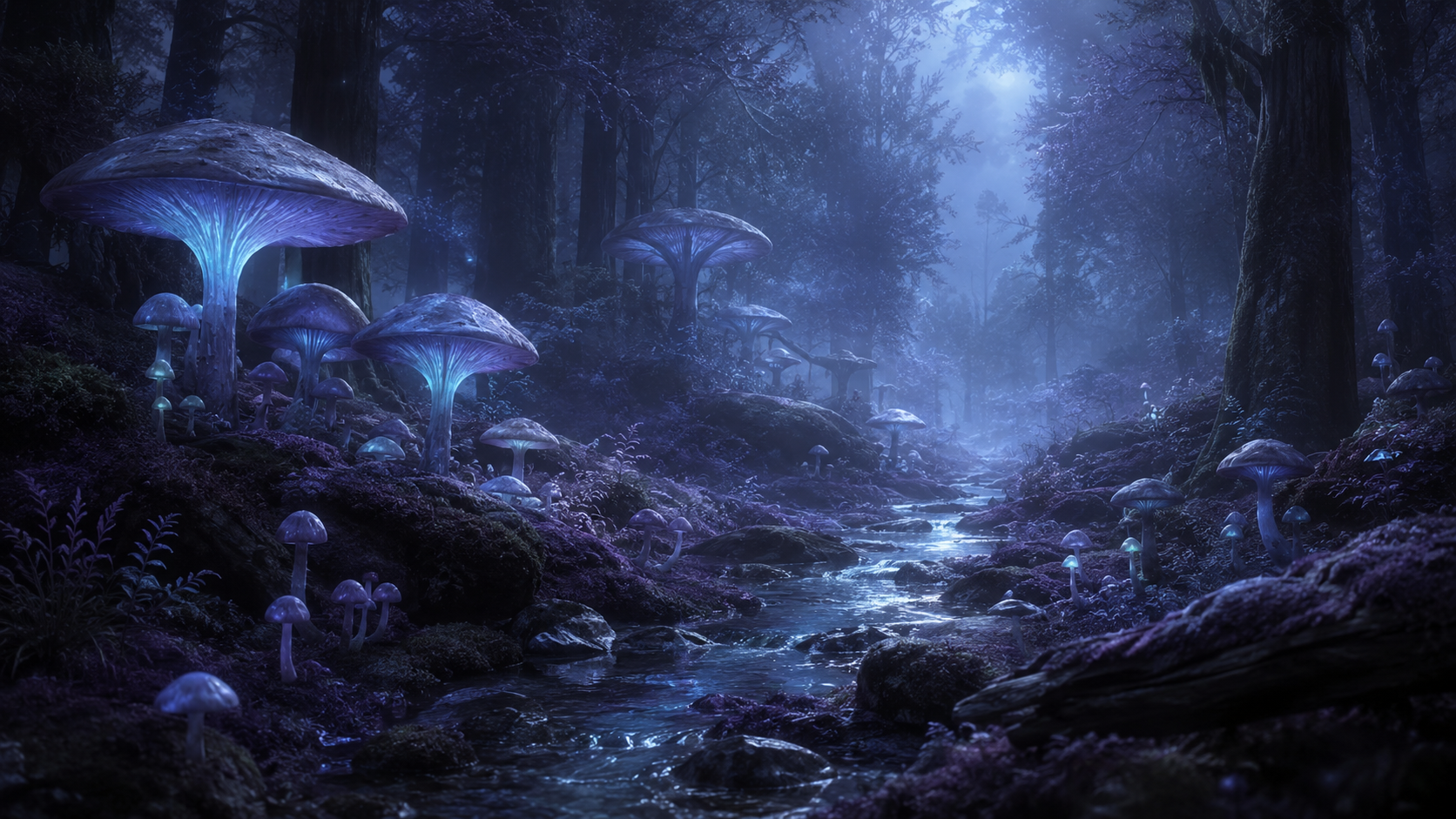 Biolumineszente Pilze in einem dunklen Hain von Velune